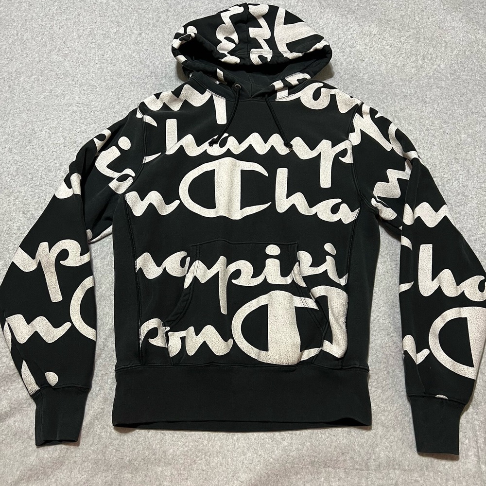 Champion Hoodie Men's Medium Black Script Spellout AOP Streetwear Reverse Weave